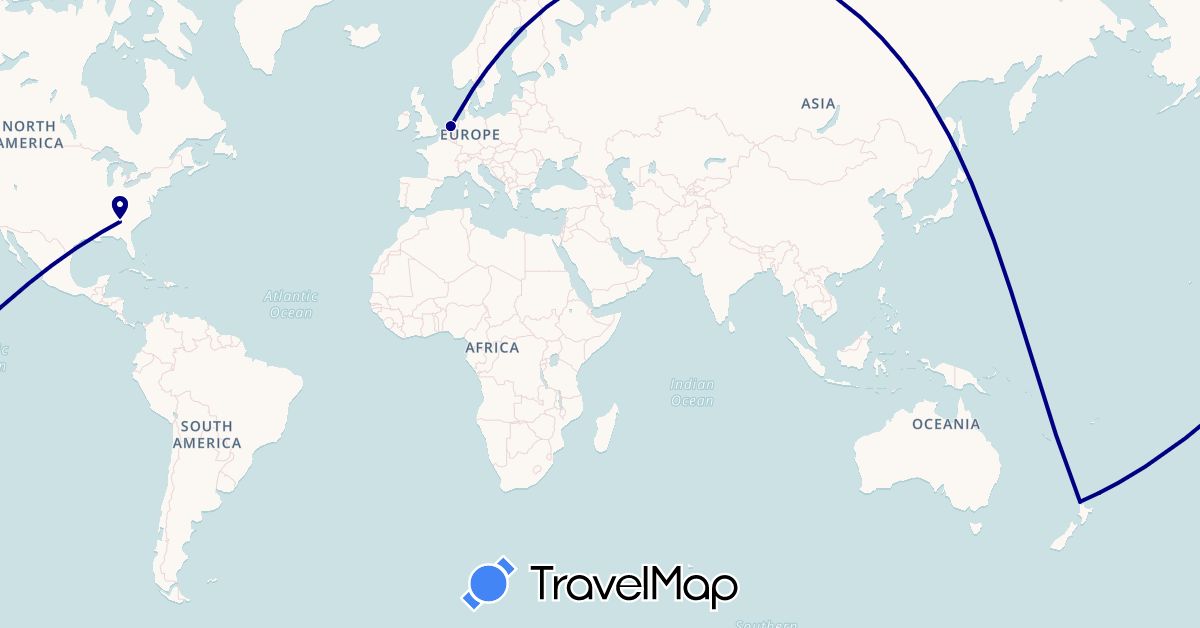 TravelMap itinerary: driving in Netherlands, New Zealand, United States (Europe, North America, Oceania)